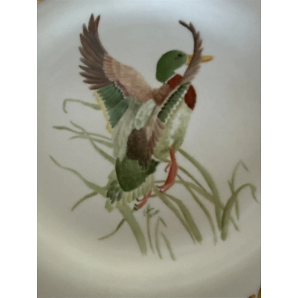 Helen Webb Hand painted Duck In grass Gold Rimmed 12” Platter Vintage